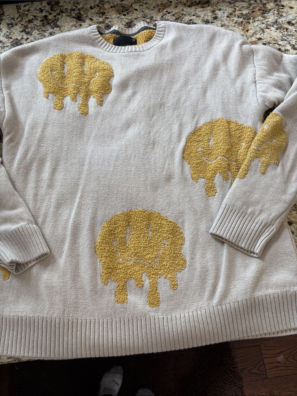 Retrofit Cream Sweater with Yellow Smiley Motif